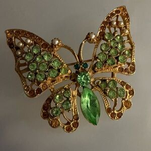 Vintage Green & Brushed Goldtone Butterfly Brooch Pin
